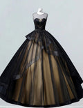 Black scoop lace applique tulle ball gown princess  gold satin bridal party dress