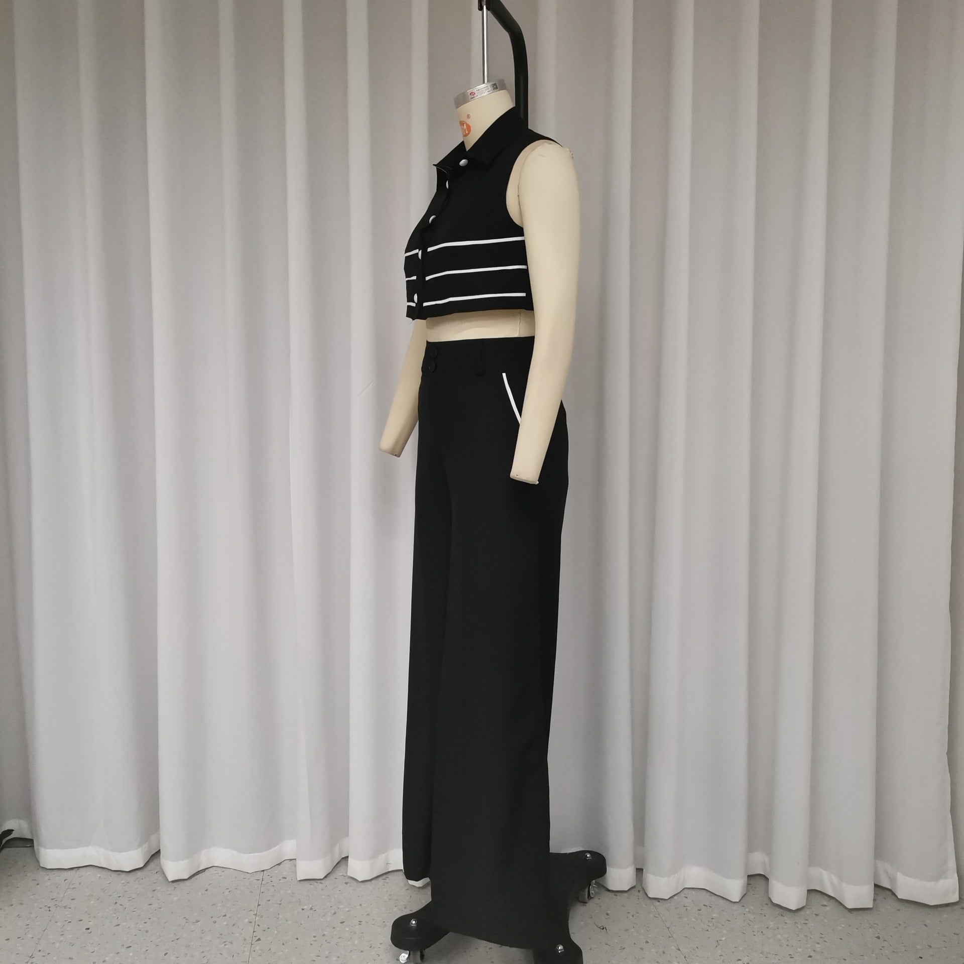 European And American Women's Autumn New Fashion Polo Collar Sleeveless Top Pants Two-piece Suit