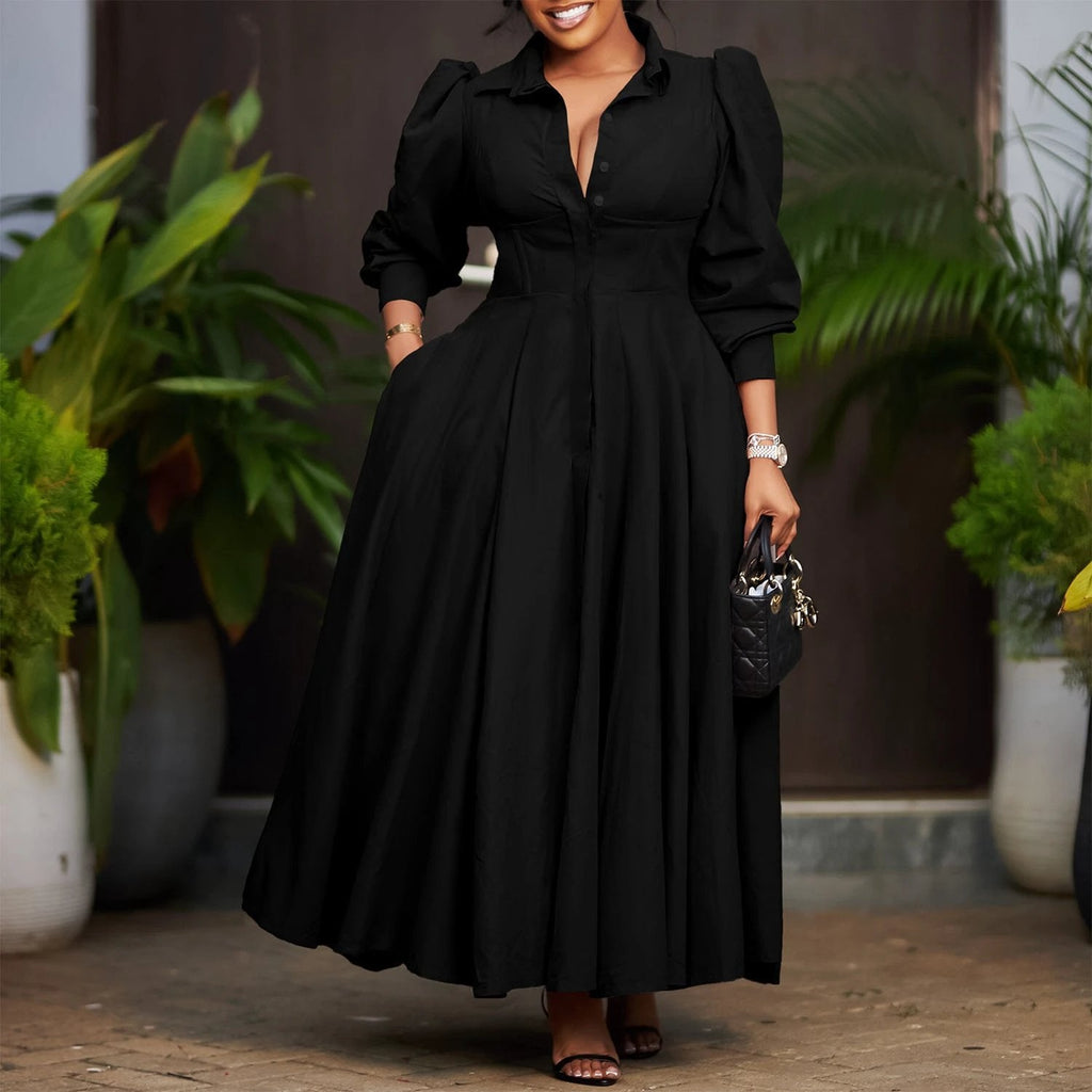 Women's Elegant Long Sleeve Big Hem Shirt Solid Color Dress