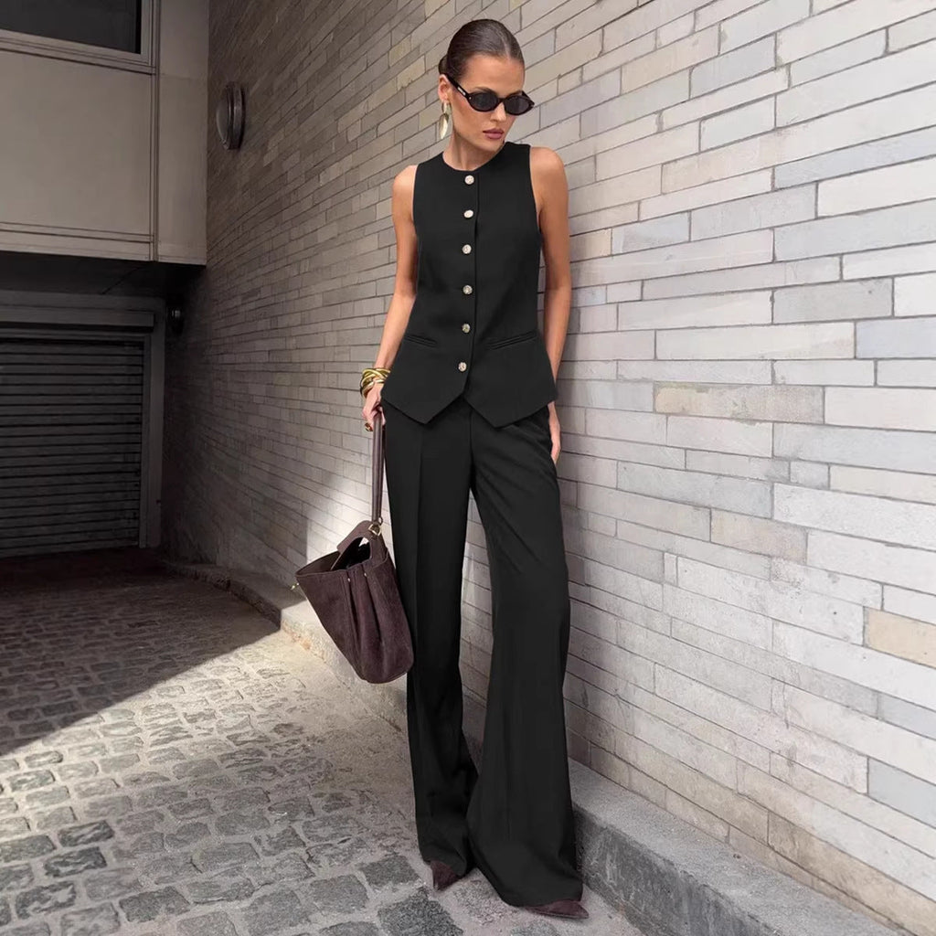 Elegant Commuter Vest And Wide-Leg Pants Two-Piece Set (see size chart under more details)