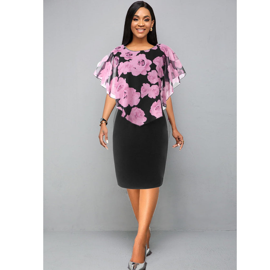 European And American Flower Print Chiffon Shawl Slim Sexy Commuter Professional Dress Women's Spot