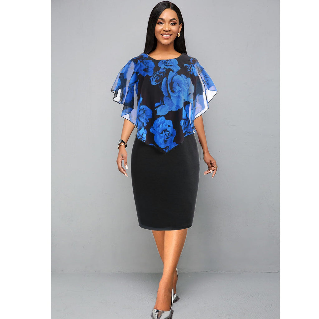 European And American Flower Print Chiffon Shawl Slim Sexy Commuter Professional Dress Women's Spot