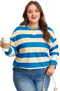 Blue Stripe Floral Color Block Drop Shoulder Plus Size Pullover Top