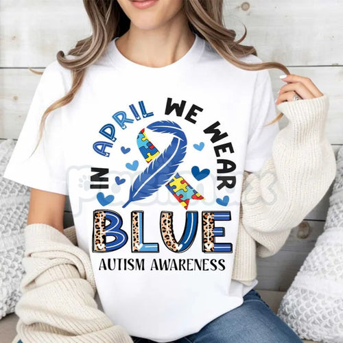 "In April We Wear Blue" Modern Autism T-Shirt – Minimalist Ribbon & Puzzle Graphic Tee, Premium 100% Cotton Advocacy Top, Soft Lived-In Heavyweight Neurodiversity Apparel, Made in USA
