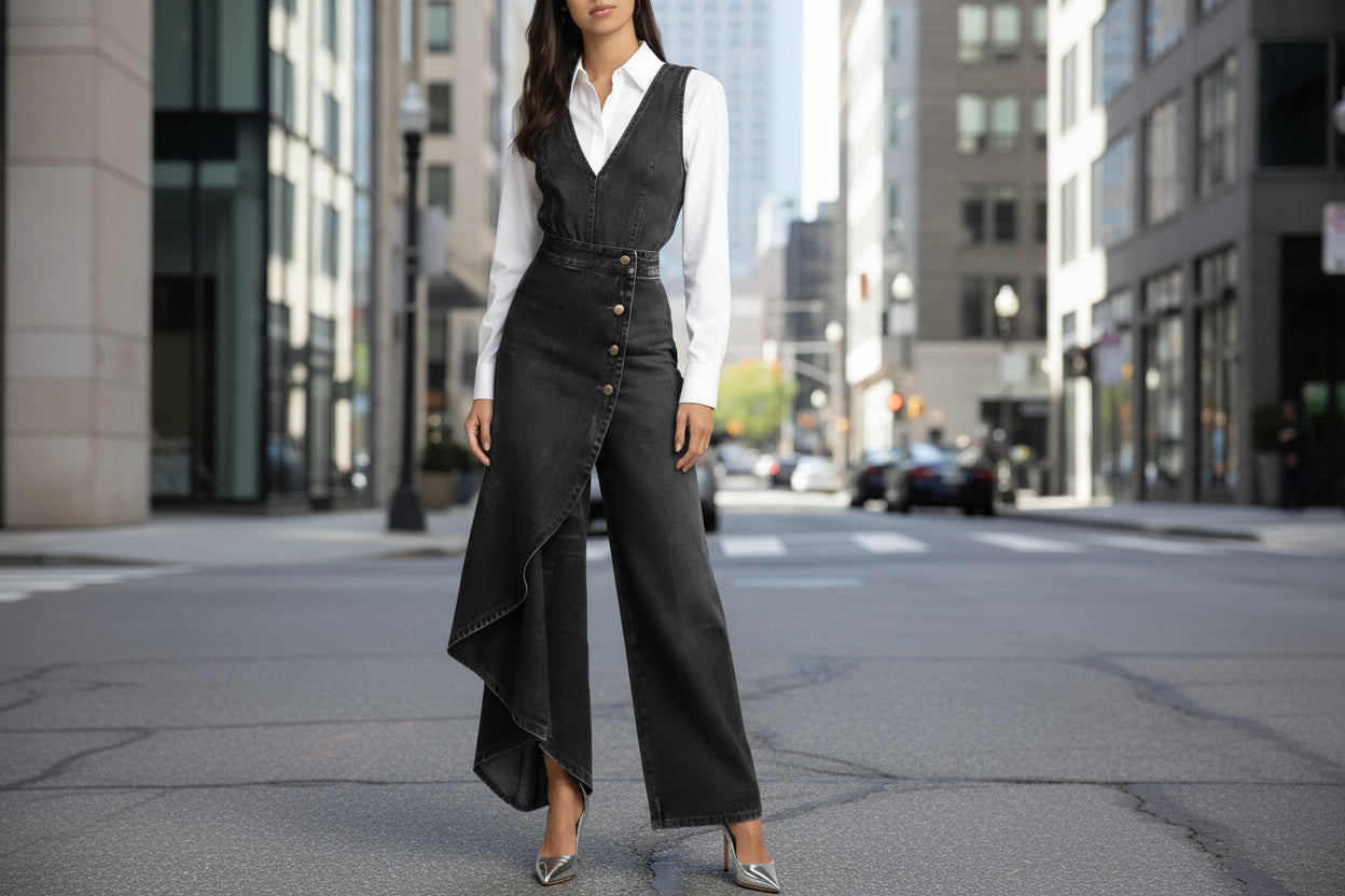 Women’s Western-Style V-Neck Asymmetrical Denim Jumpsuit