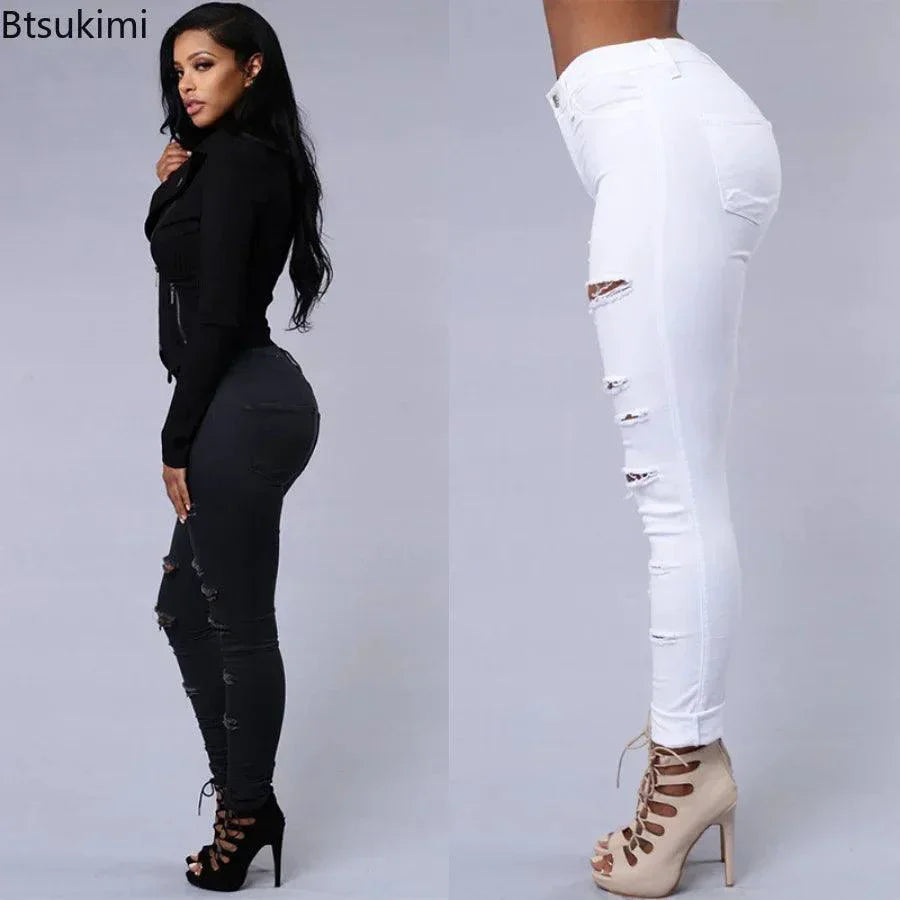 2026 Women's Stretch Skinny Ripped Hole Washed Denim Jeans Female High Waist Pencil Y2k Pants Jeans Ladies Casual Trousers Pants
