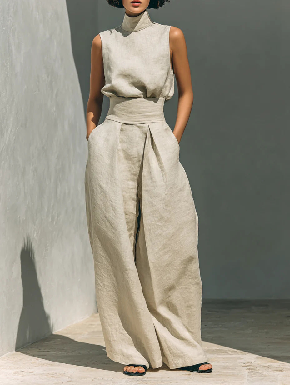 Casual Sleeveless Suit Summer Stand-up Collar Pullover Top And Loose Straight-leg Trousers Women's Clothing (see size chart under more details)