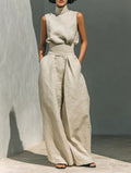 Casual Sleeveless Suit Summer Stand-up Collar Pullover Top And Loose Straight-leg Trousers Women's Clothing (see size chart under more details)