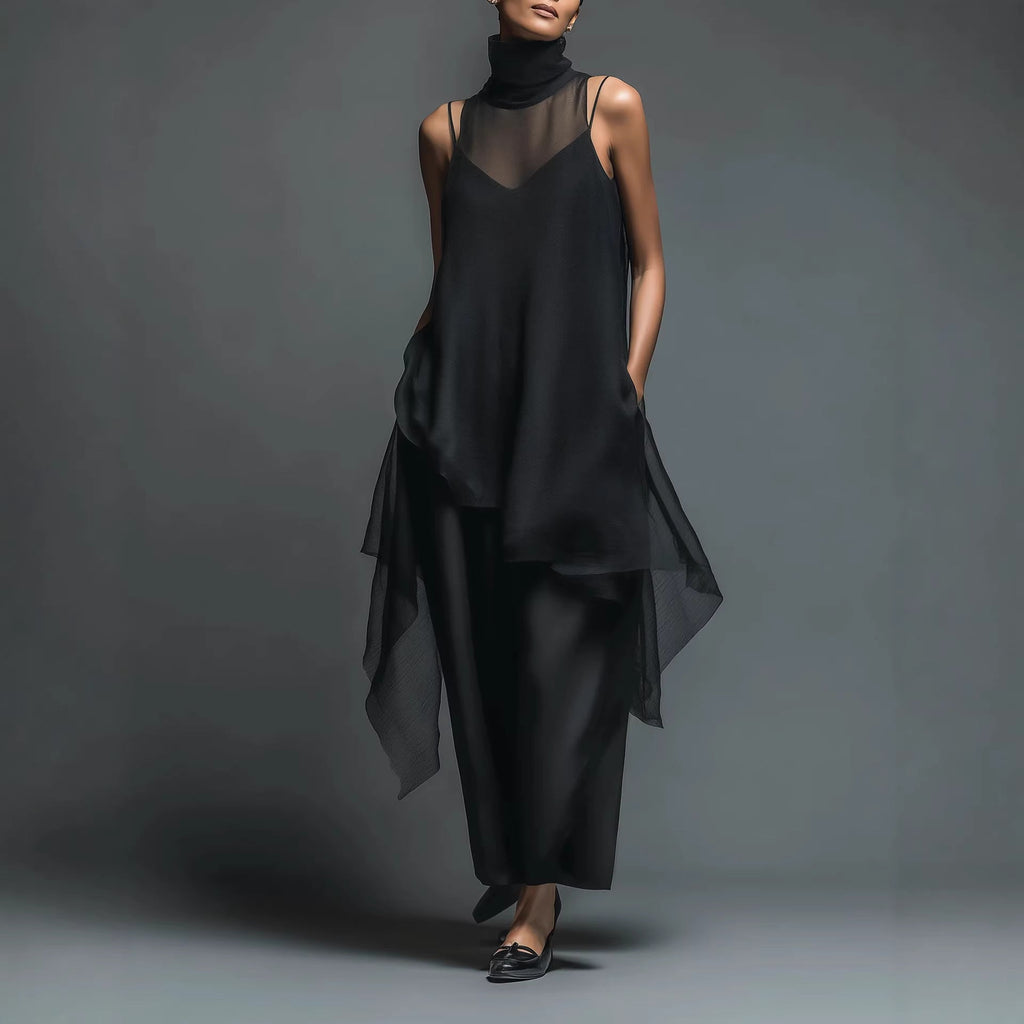 High-neck Asymmetrical Black Slip Chiffon Two-piece Set (see size chart under more details)