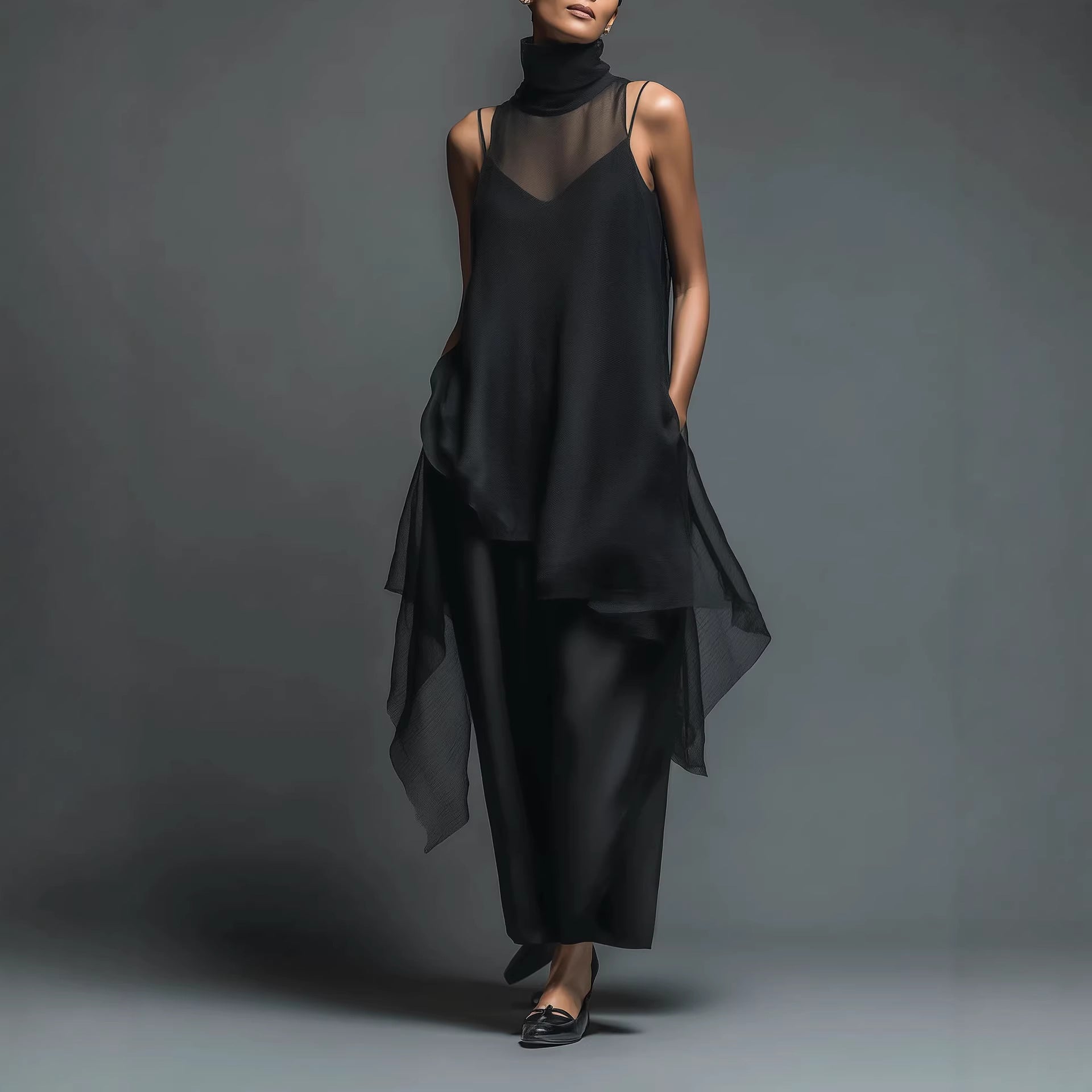 High-neck Asymmetrical Black Slip Chiffon Two-piece Set (see size chart under more details)
