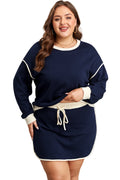 Navy Blue Plus Color Block Drop Shoulder Top and Lace-up Skirt Outfit