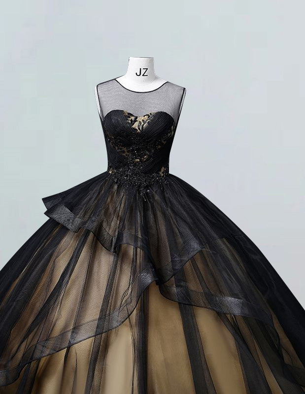 Black scoop lace applique tulle ball gown princess  gold satin bridal party dress