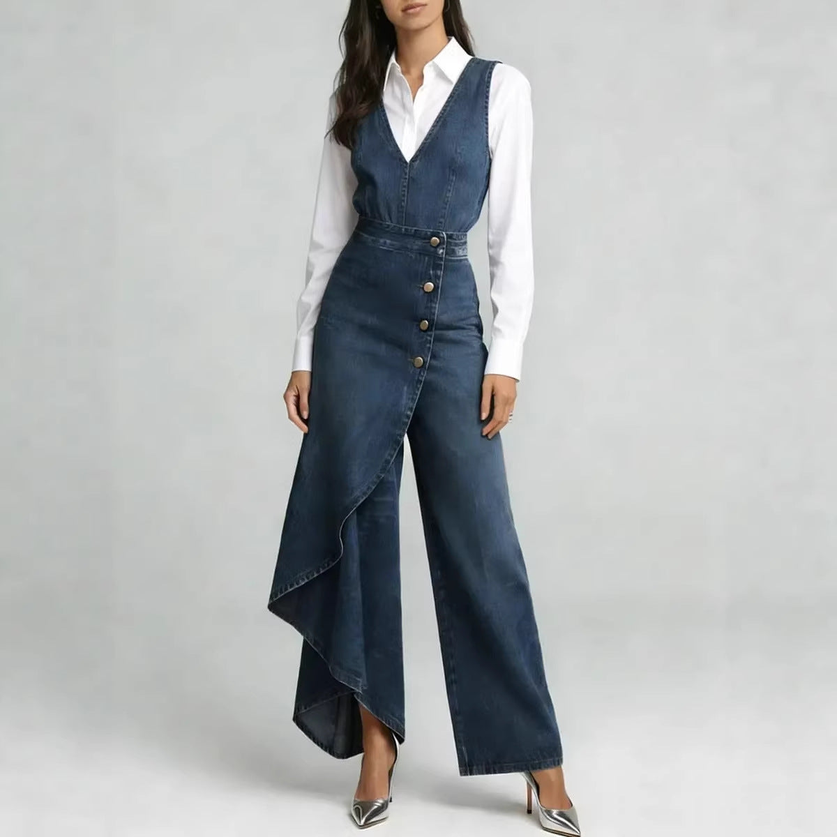 Women’s Western-Style V-Neck Asymmetrical Denim Jumpsuit