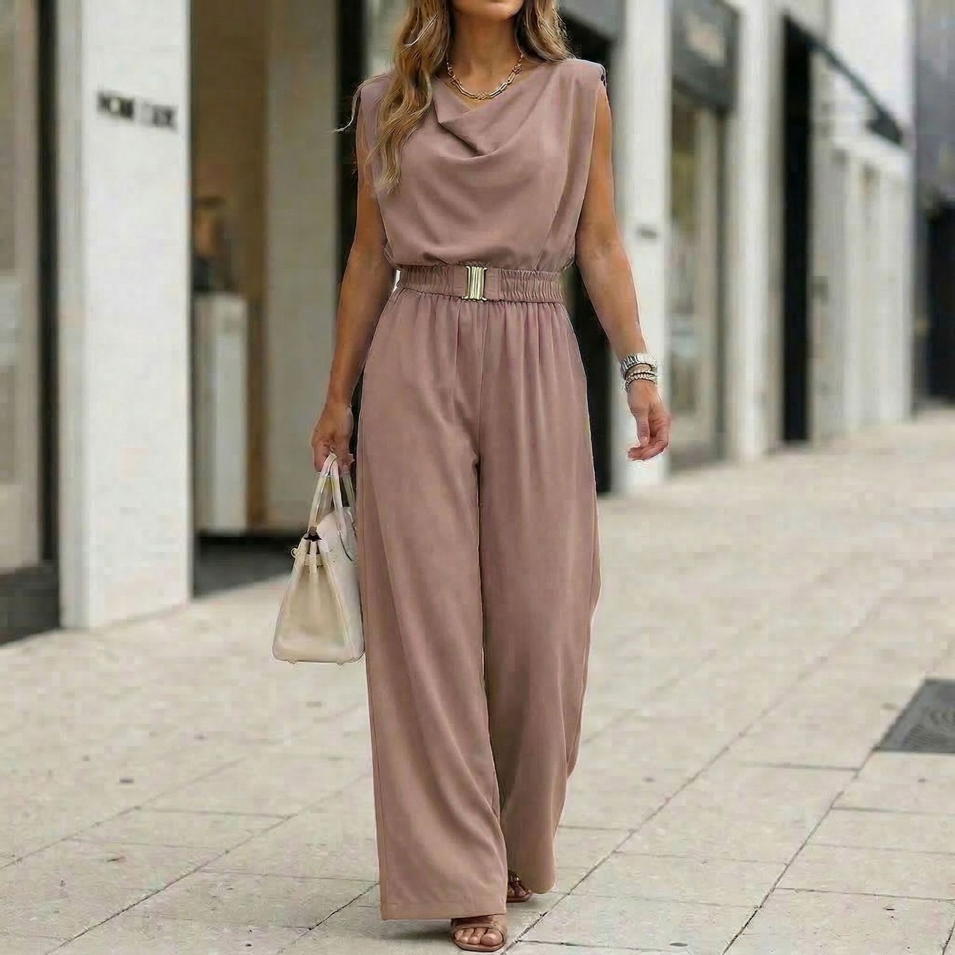 Women's Off-Shoulder Sleeveless Wide-Leg Jumpsuit – High Waist with Belt