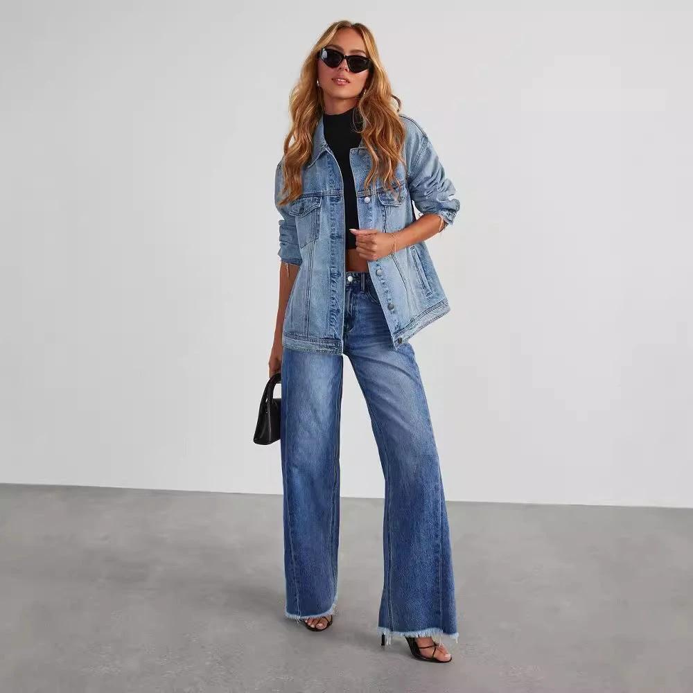 Mandotos Fashion High Waist Jeans With Pockets Slim Fit Straight Wide Leg Denim Pants