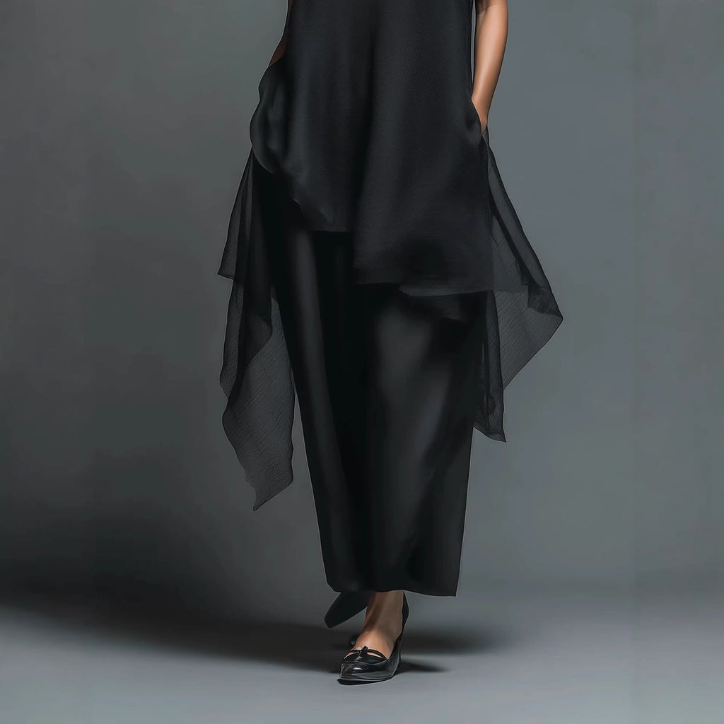 High-neck Asymmetrical Black Slip Chiffon Two-piece Set (see size chart under more details)