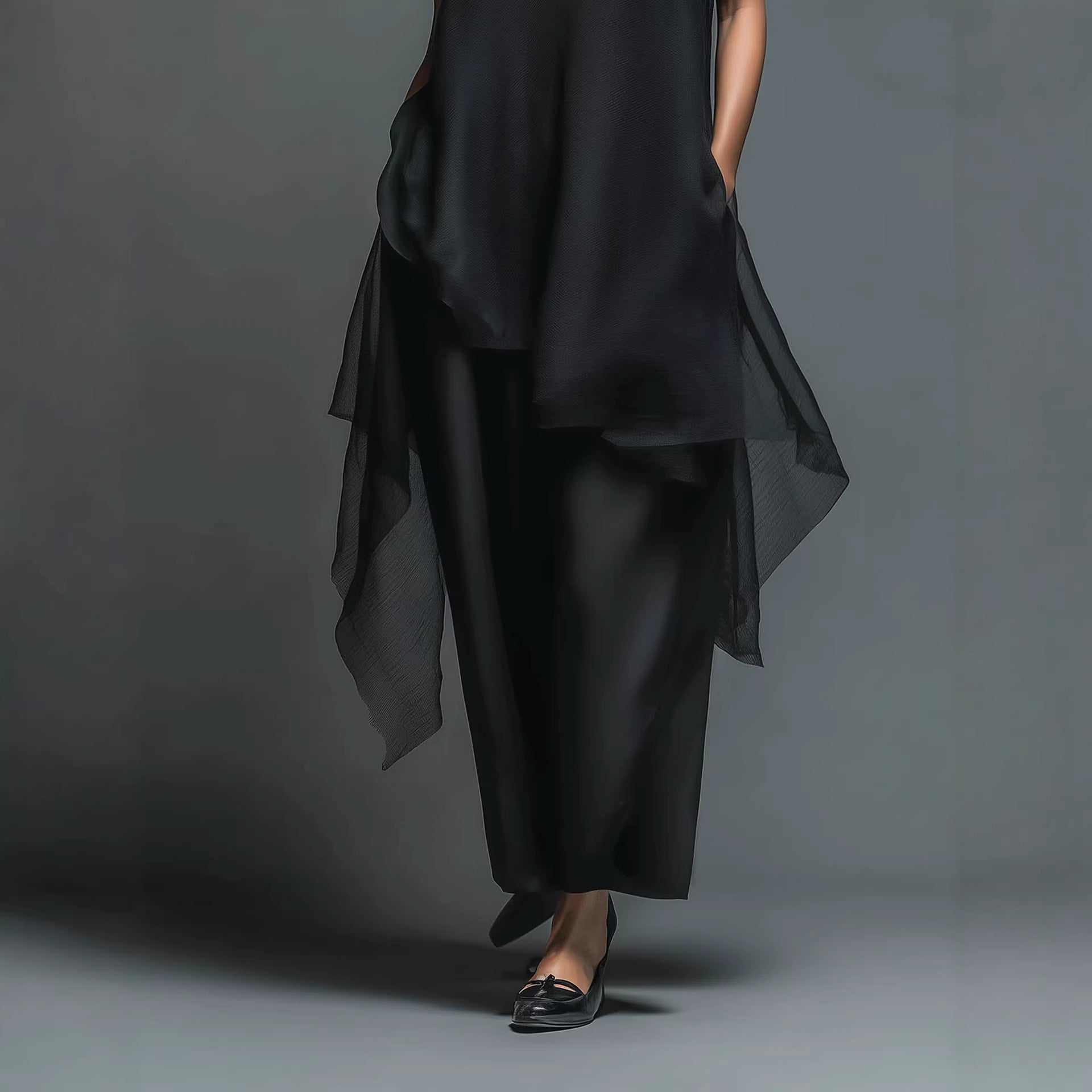 High-neck Asymmetrical Black Slip Chiffon Two-piece Set (see size chart under more details)