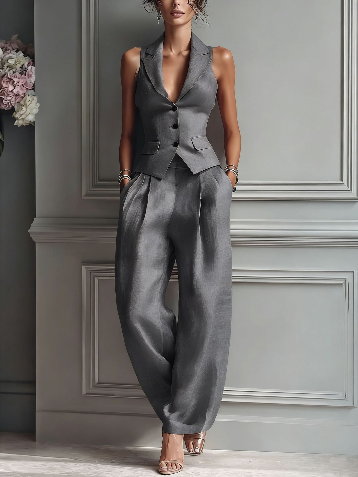 Casual Single-breasted Vest And Casual Pants Set (see size chart under more details)