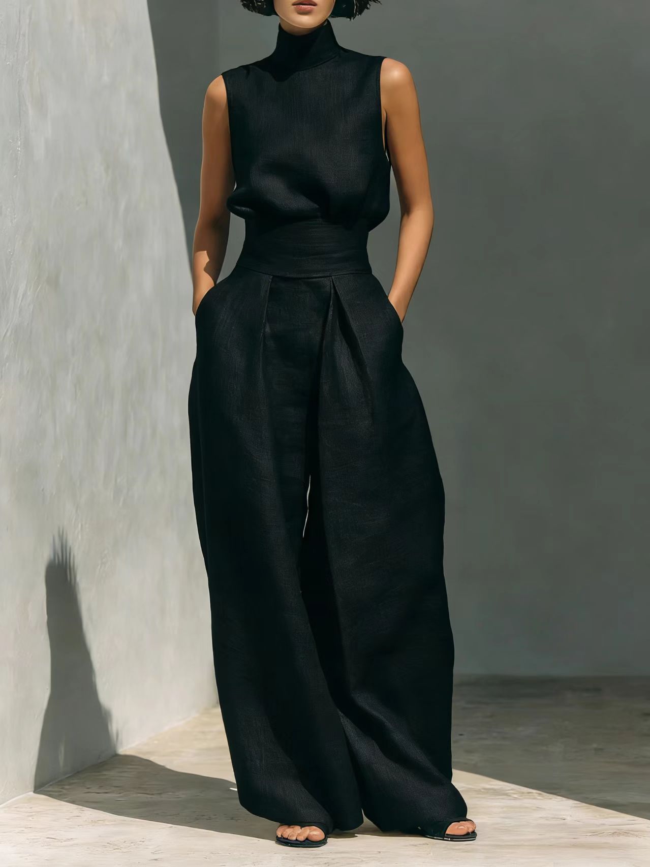 Casual Sleeveless Suit Summer Stand-up Collar Pullover Top And Loose Straight-leg Trousers Women's Clothing (see size chart under more details)