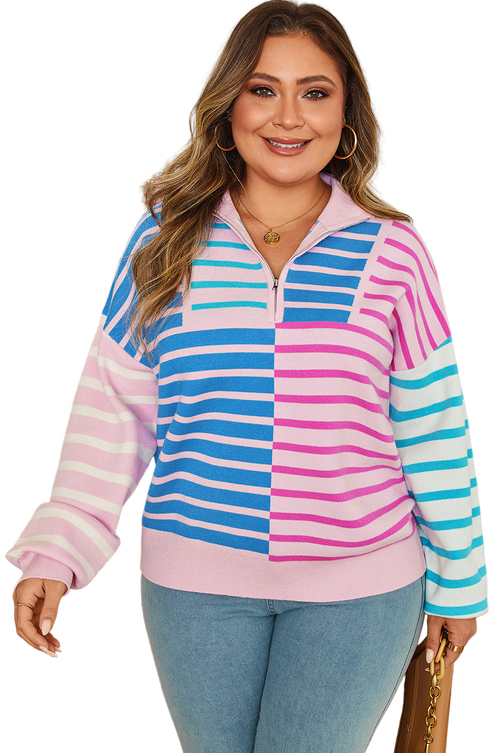 Sky Blue Stripe Colorblock Patchwork Plus Size Half Zip Sweater