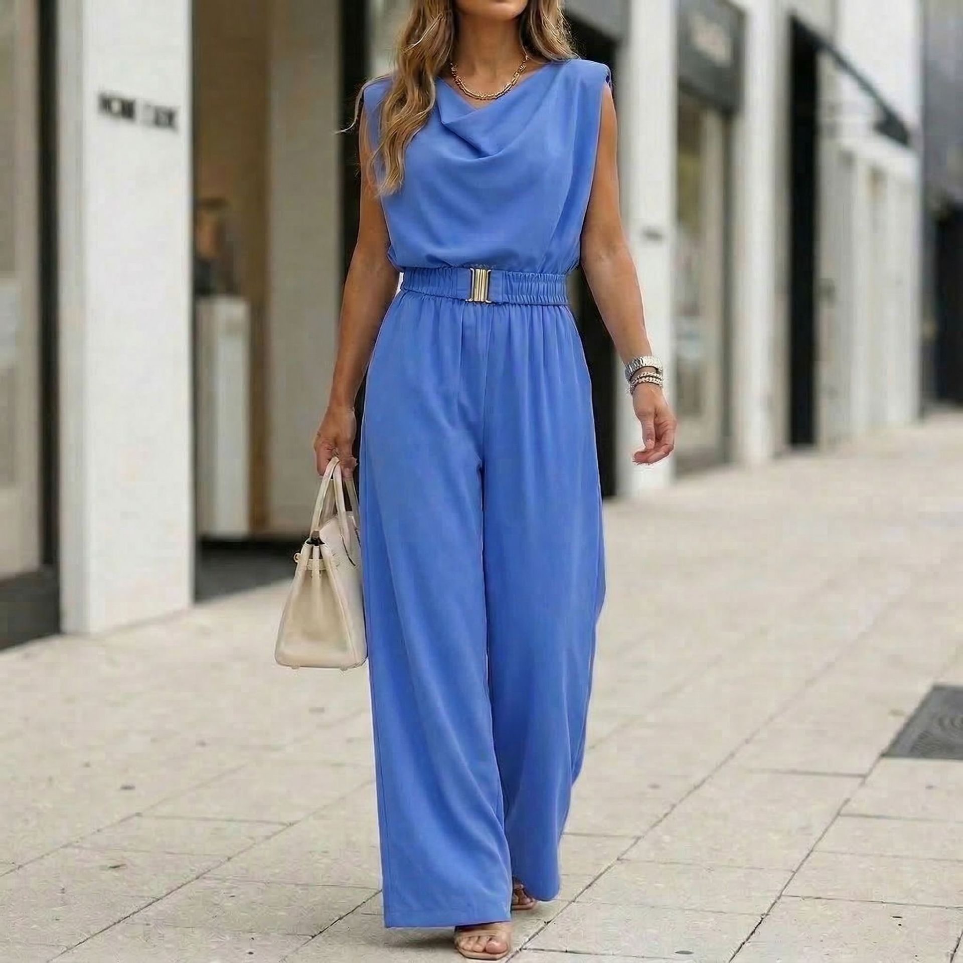 Women's Off-Shoulder Sleeveless Wide-Leg Jumpsuit – High Waist with Belt