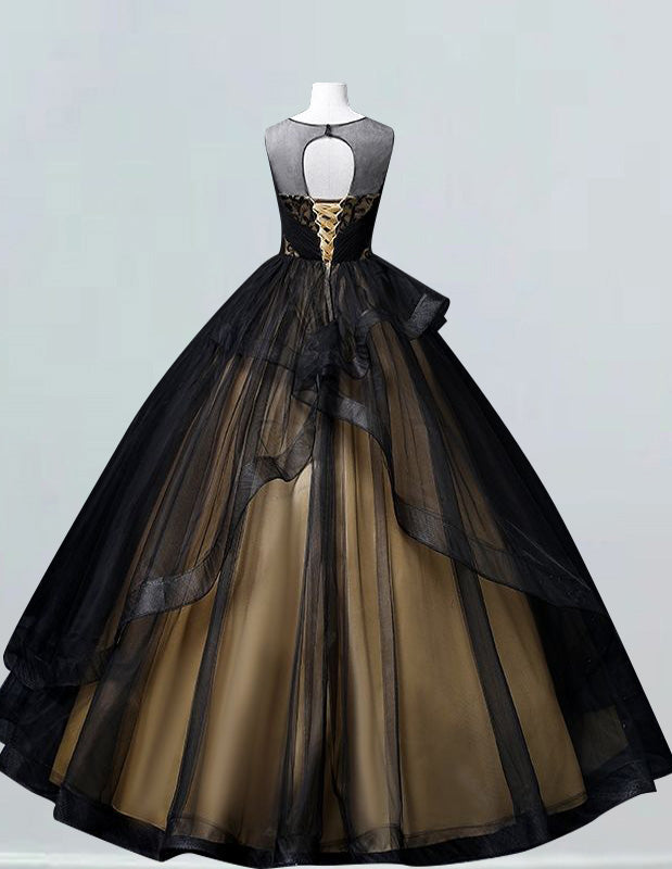 Black scoop lace applique tulle ball gown princess  gold satin bridal party dress