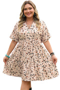 Beige Printed Surplice V Neck Cuffed Sleeve Empire Waist Plus Size Dress