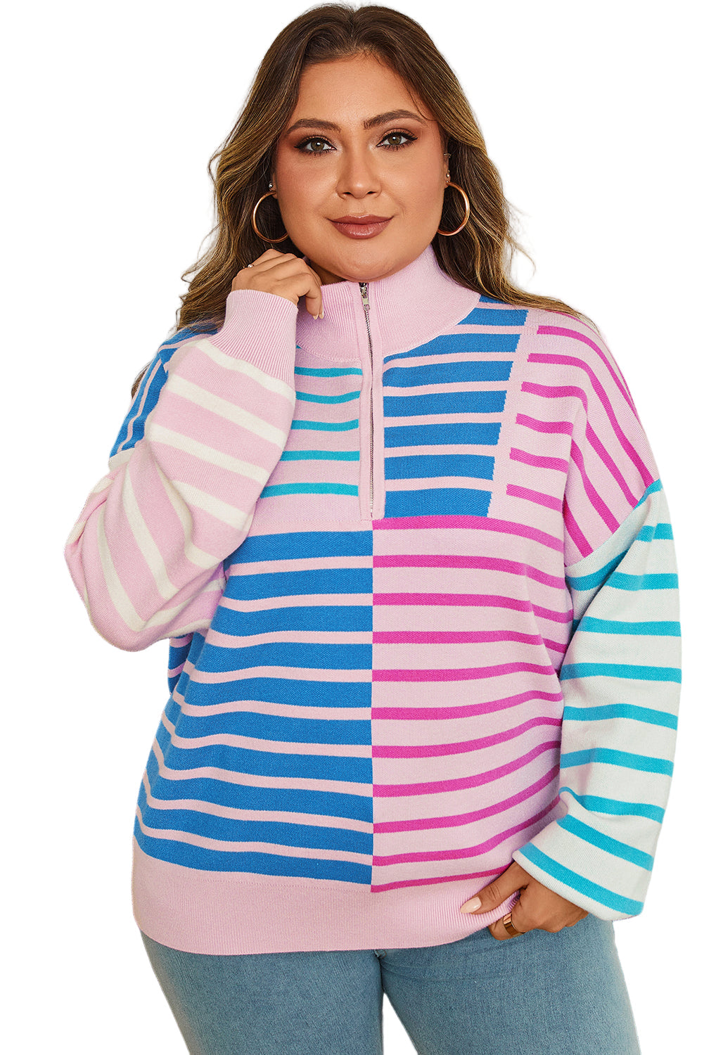 Sky Blue Stripe Colorblock Patchwork Plus Size Half Zip Sweater