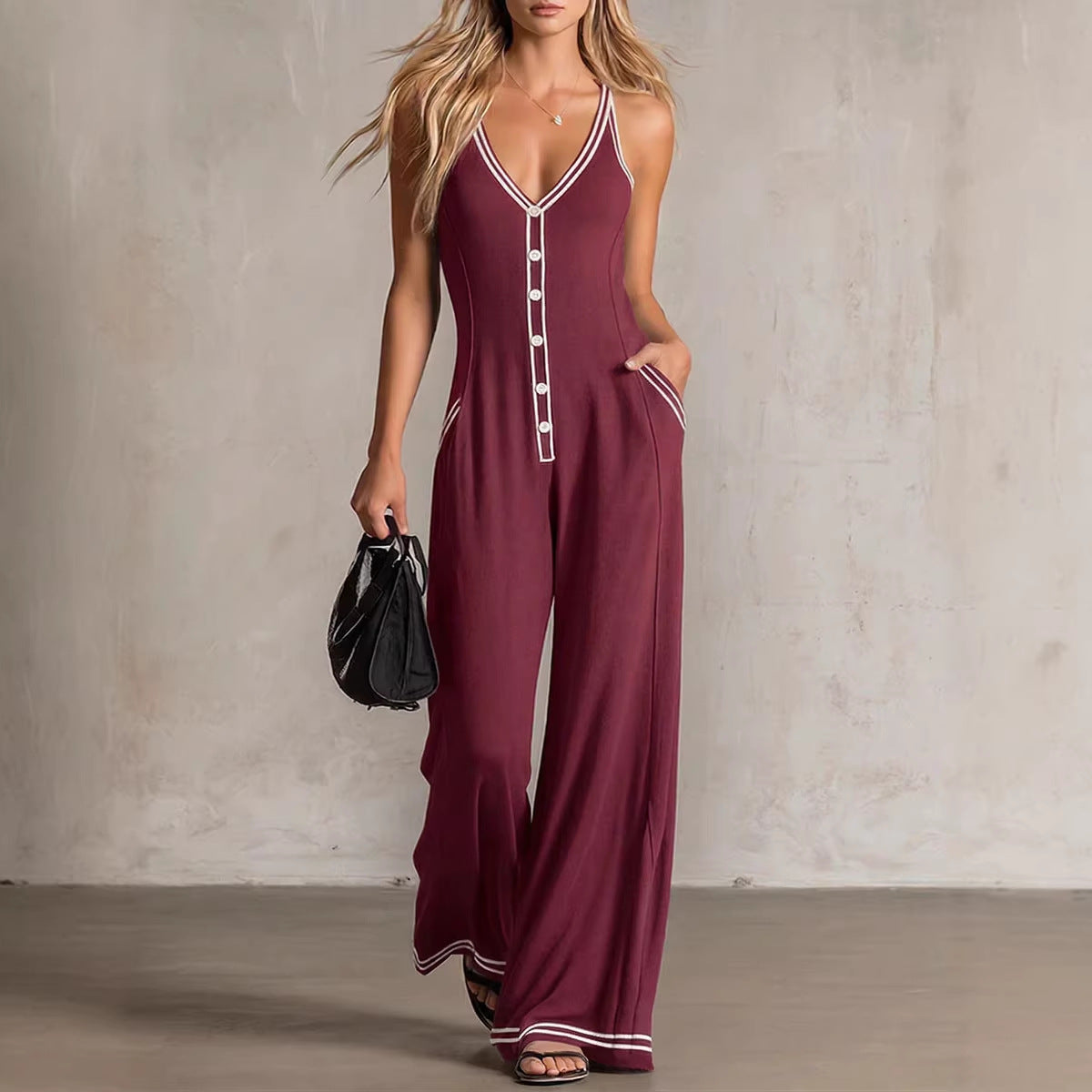 Women's V-Neck Backless Wide-Leg Jumpsuit – High Waist Casual