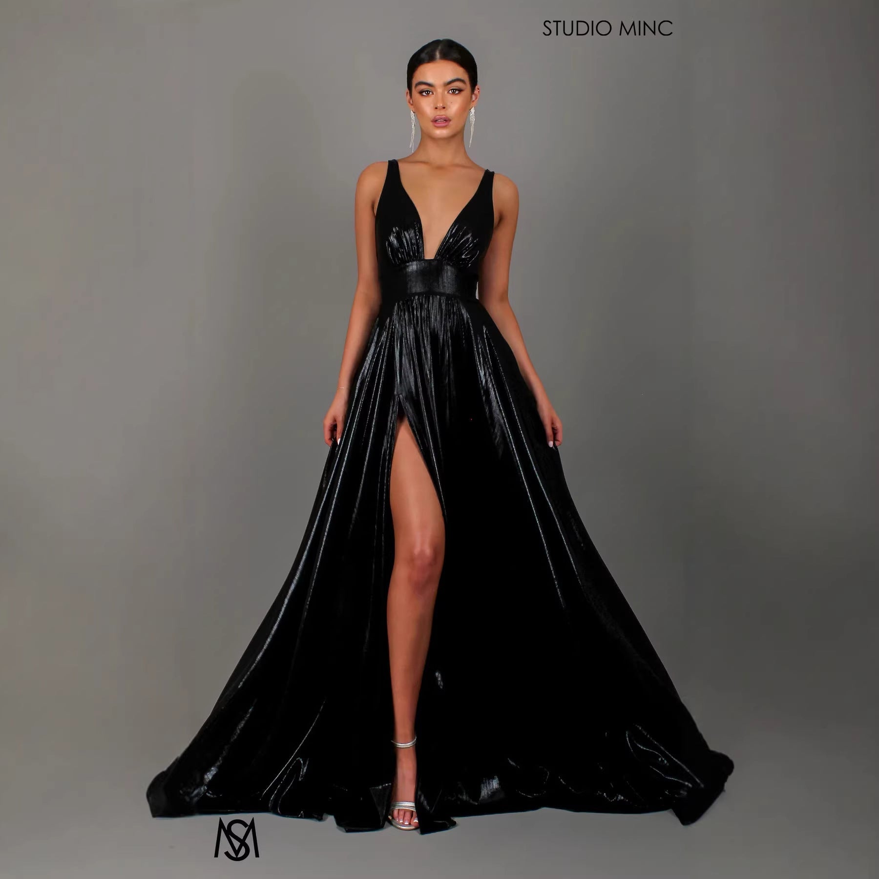 Draped-shoulder Long Dress Sleeveless High-waisted Split Dress (see size chart under more details)