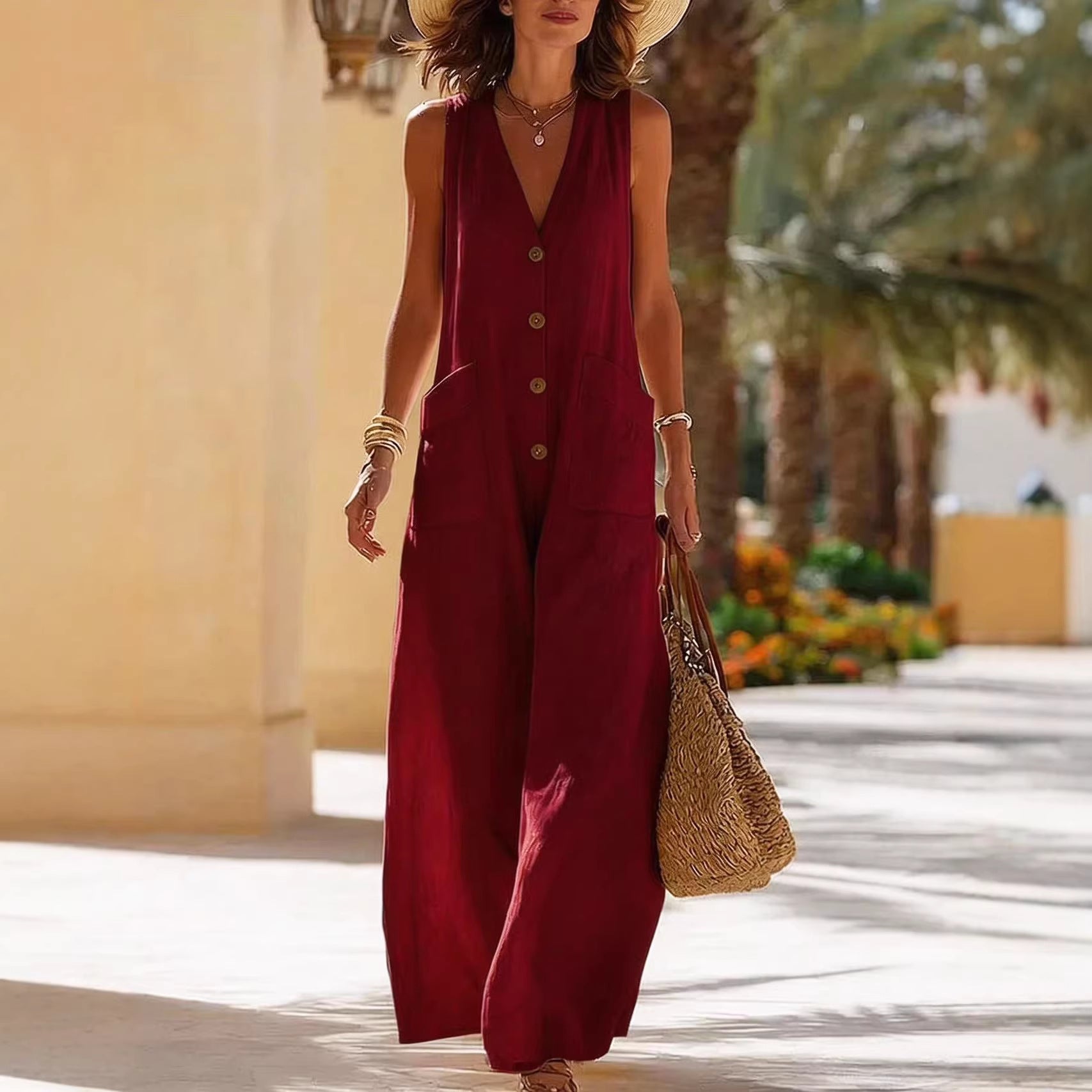 Women's Sleeveless Cotton-Linen Wide-Leg Jumpsuit – Button Pockets
