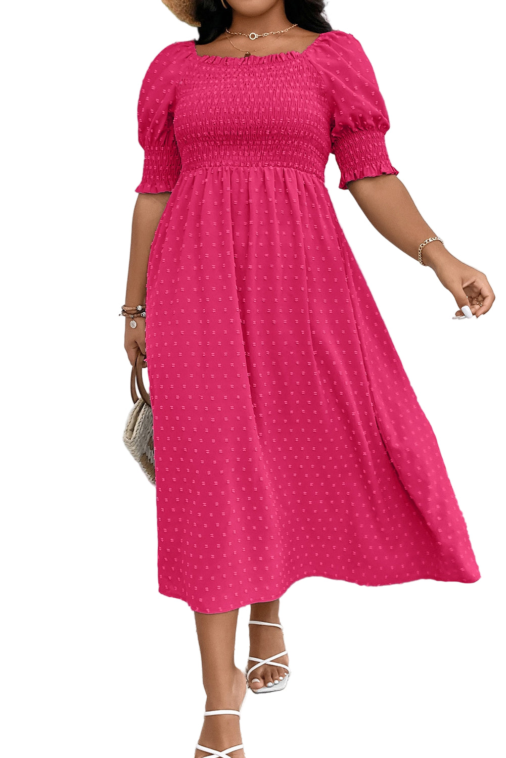 Wisteria Swiss Dot Smocked Frilled Neckline Short Sleeve Plus Size Dress