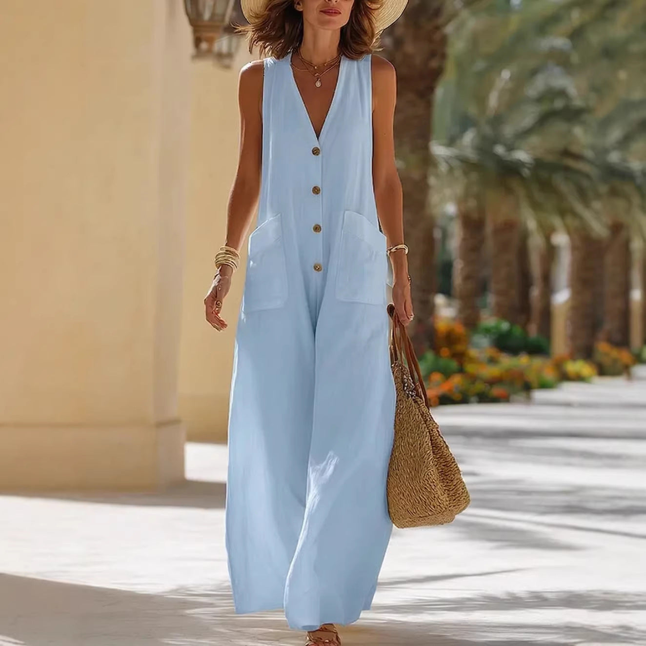 Women's Sleeveless Cotton-Linen Wide-Leg Jumpsuit – Button Pockets