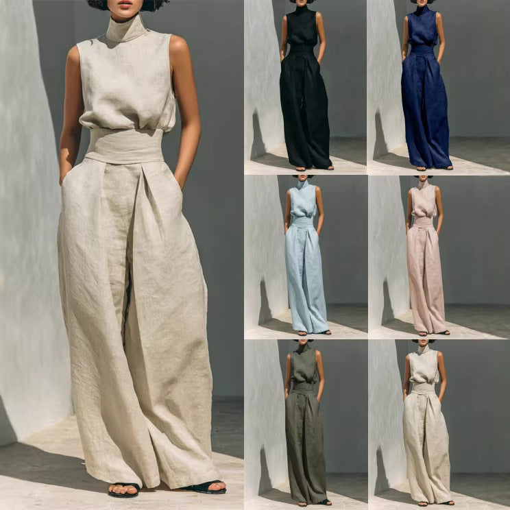 Casual Sleeveless Suit Summer Stand-up Collar Pullover Top And Loose Straight-leg Trousers Women's Clothing (see size chart under more details)