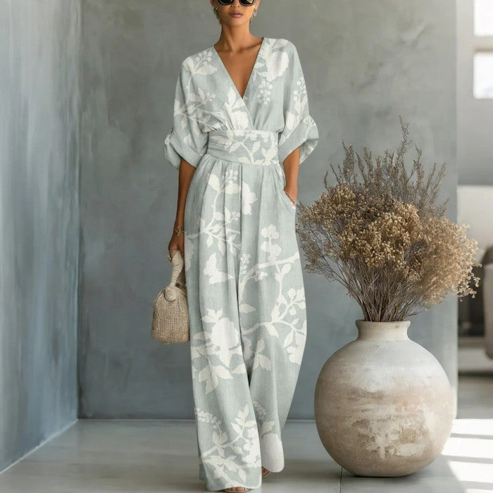 Women's Waist-Cinched V-Neck Printed Wide-Leg Jumpsuit