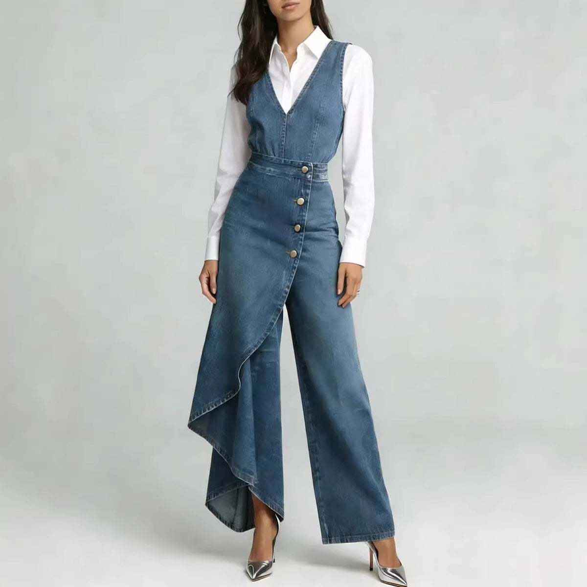Women’s Western-Style V-Neck Asymmetrical Denim Jumpsuit