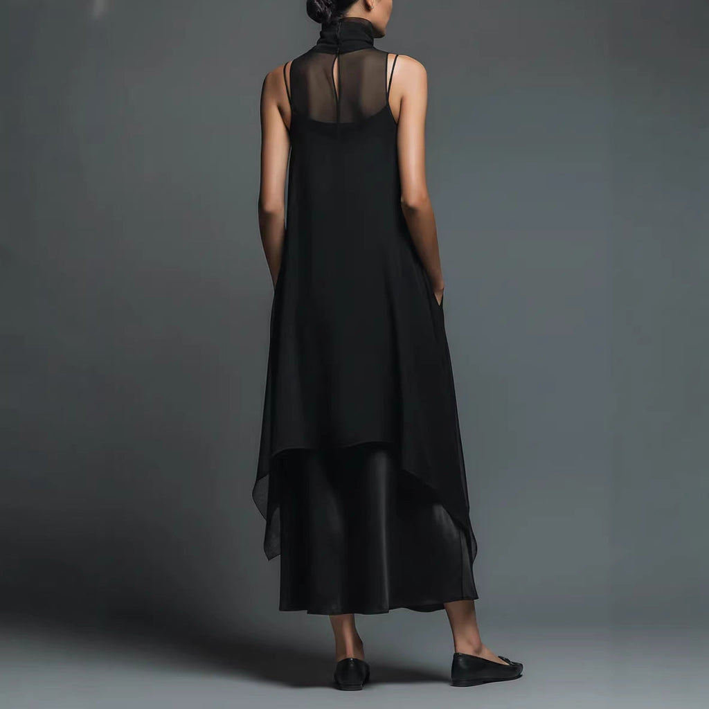 High-neck Asymmetrical Black Slip Chiffon Two-piece Set (see size chart under more details)