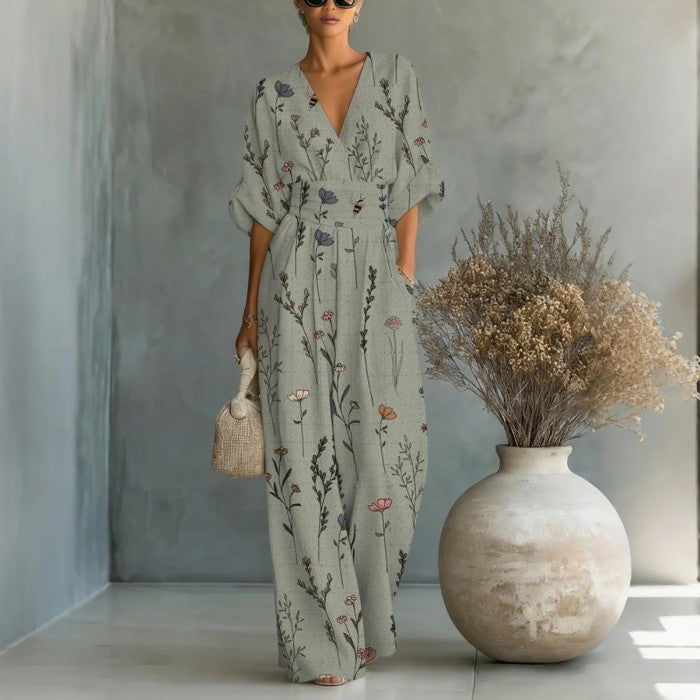 Women's Waist-Cinched V-Neck Printed Wide-Leg Jumpsuit