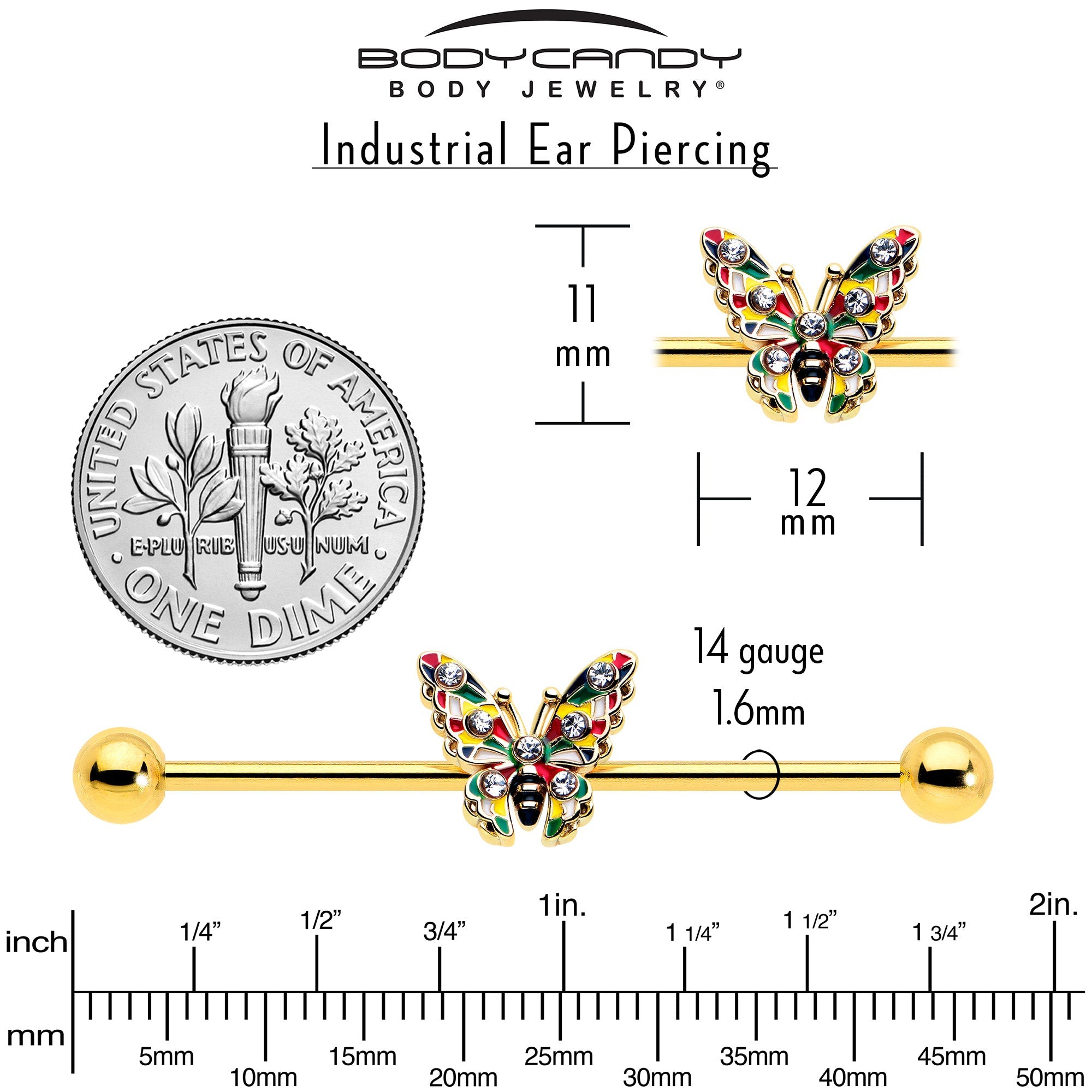 14G Clear Gem Gold Tone Color Block Butterfly Industrial Barbell 38mm