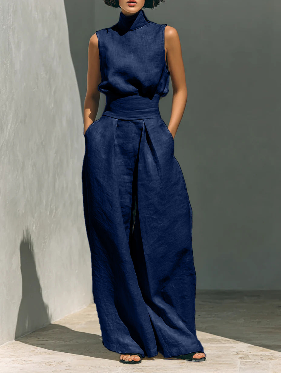 Casual Sleeveless Suit Summer Stand-up Collar Pullover Top And Loose Straight-leg Trousers Women's Clothing (see size chart under more details)
