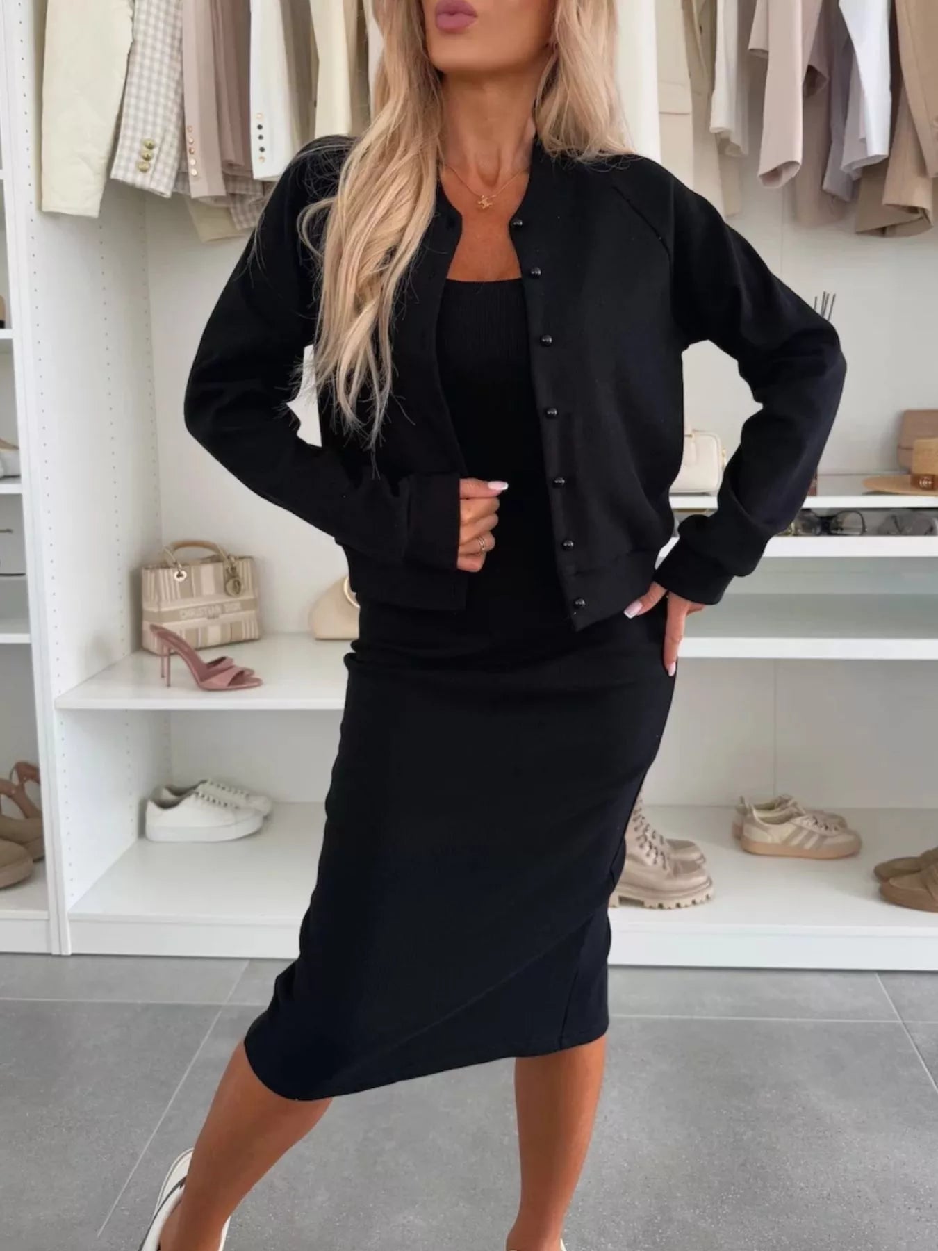 Full Size Slit Square Neck Dress and Outerwear Set Plus Size