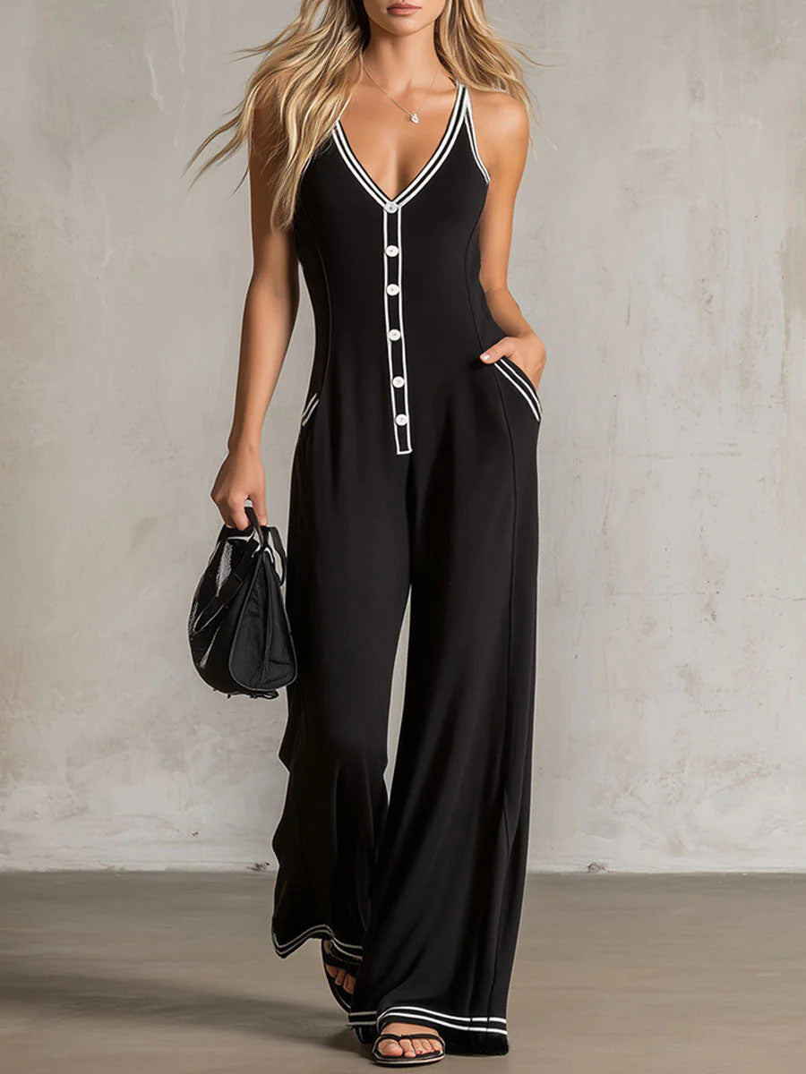 Women's V-Neck Backless Wide-Leg Jumpsuit – High Waist Casual
