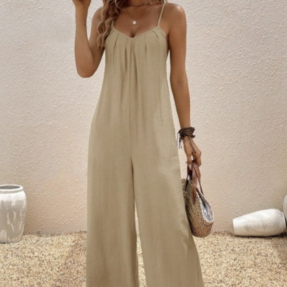 Women’s Casual Suspender Jumpsuit – V-Neck Solid Color Sleeveless One-Piece
