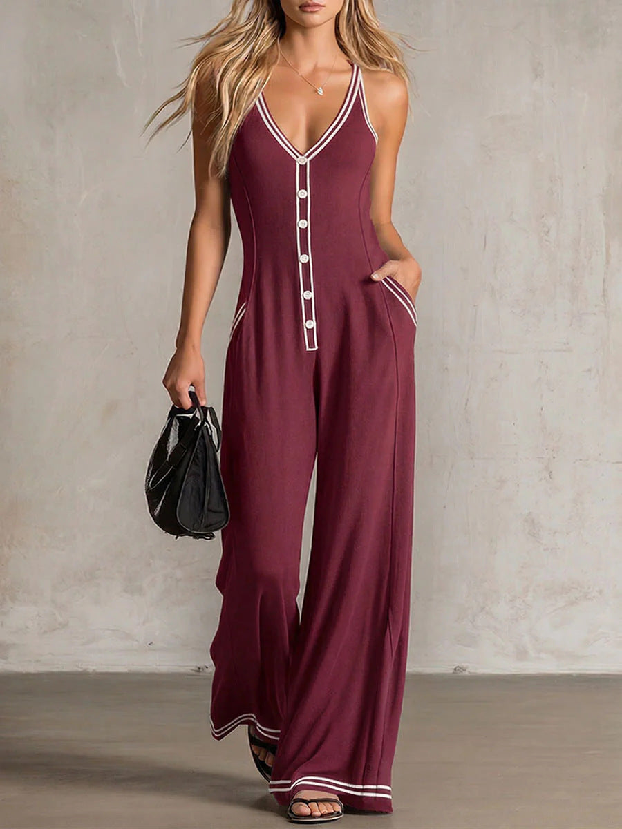 Women's V-Neck Backless Wide-Leg Jumpsuit – High Waist Casual