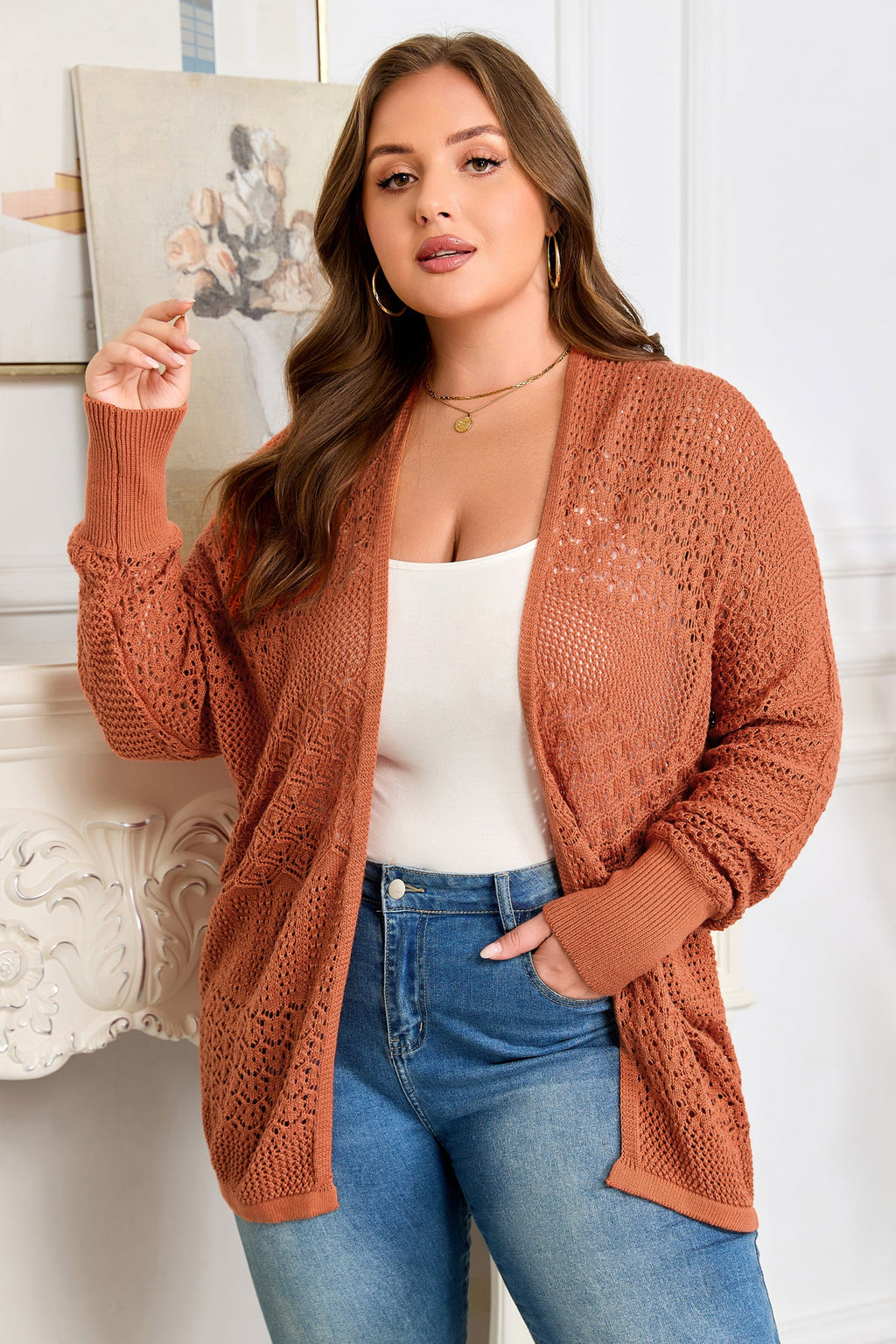 Redwood Burl Mixed Pattern Knitted Open Front Plus Cardigan
