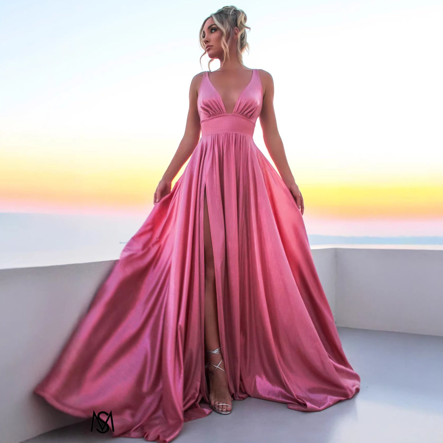 Draped-shoulder Long Dress Sleeveless High-waisted Split Dress (see size chart under more details)