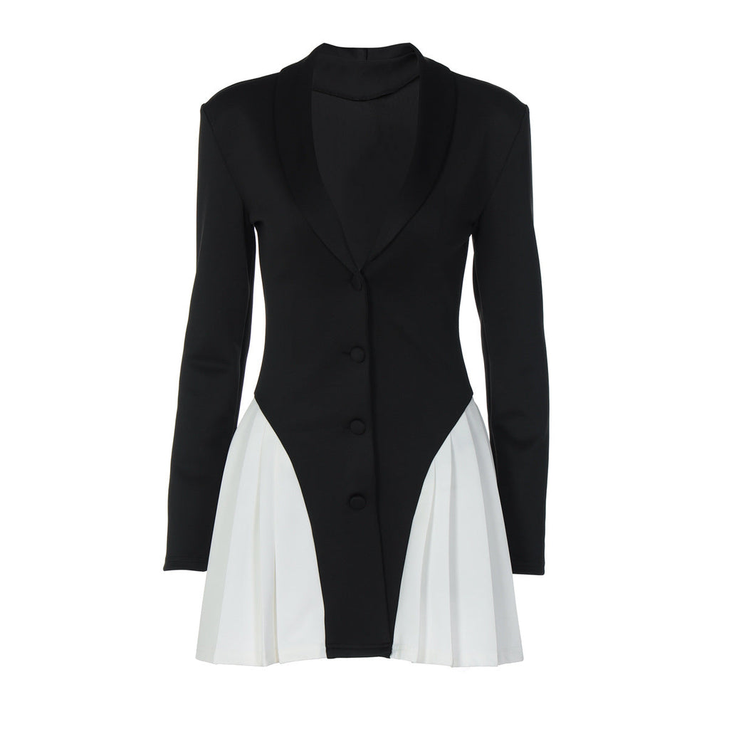 Women Clothing Autumn V neck Button Contrast Color Short Slim Fit Long-Sleeved Dress for Women