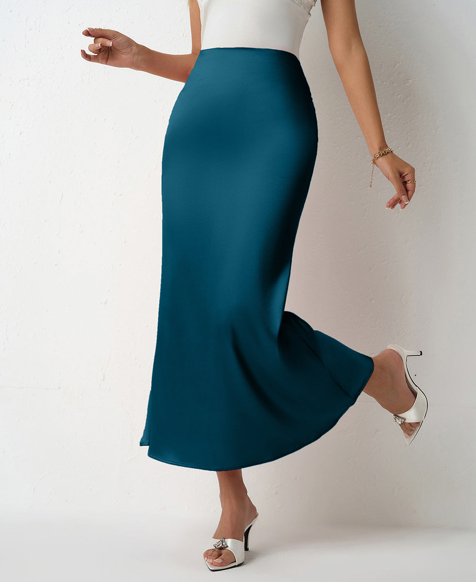 Women Clothing Spring Summer Slim Satin Skirt Satin Mid Length Sheath Fishtail Skirt