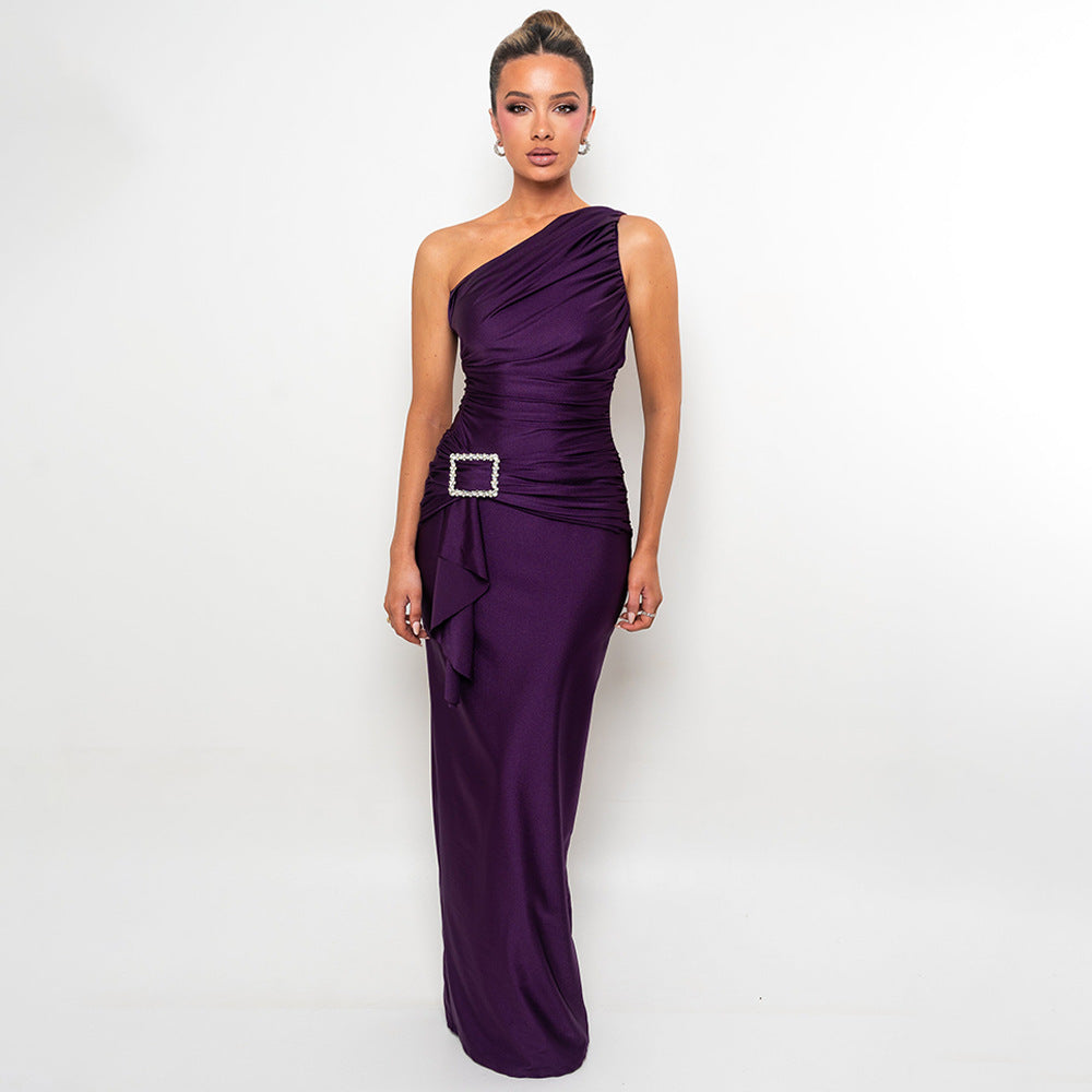 Women Wear Maxi Dress Sexy One Shoulder Pleated Sheath Dress