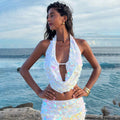 Women Solid Color Sexy Sequined Beach Bikini Swimsuit Blouse Sun Proof Skirt Set
